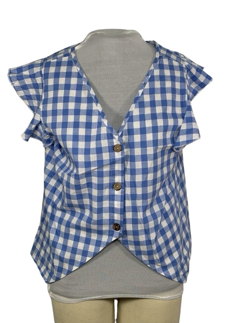 Blue & White Gingham Button-Front Ruffle Sleeve Top Shein Size XL 100% Cotton